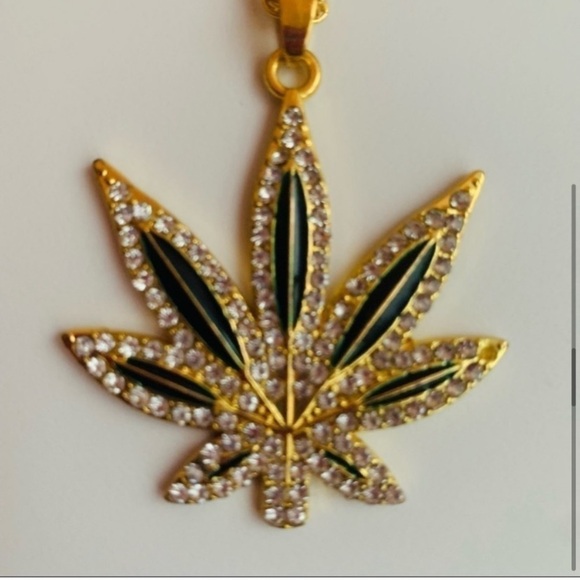 Chain Green Leaf Necklace Diamond Pendant Chain Hip Hip Bling - Picture 2 of 8